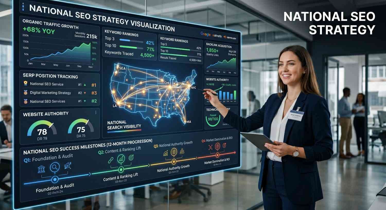National SEO strategy dashboard displaying organic traffic growth, keyword rankings, SERP position tracking, backlink acquisition, website authority, and nationwide search visibility. SEO consultant presenting a 12-month search engine optimization roadmap with performance metrics, ranking improvements, and authority growth across U.S. markets to drive sustainable organic traffic.