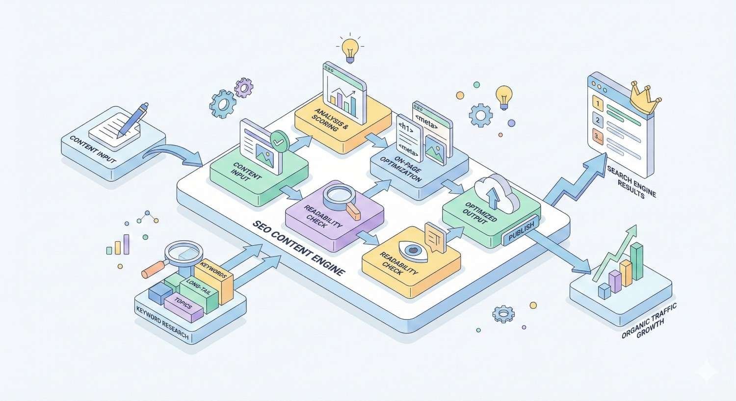 An illustrated diagram shows an SEO content engine workflow: keyword research and content input flow through analysis, readability checks, on-page optimization, and publishing, leading to search engine results and organic traffic growth, with charts, gears, and icons representing automation and insights.