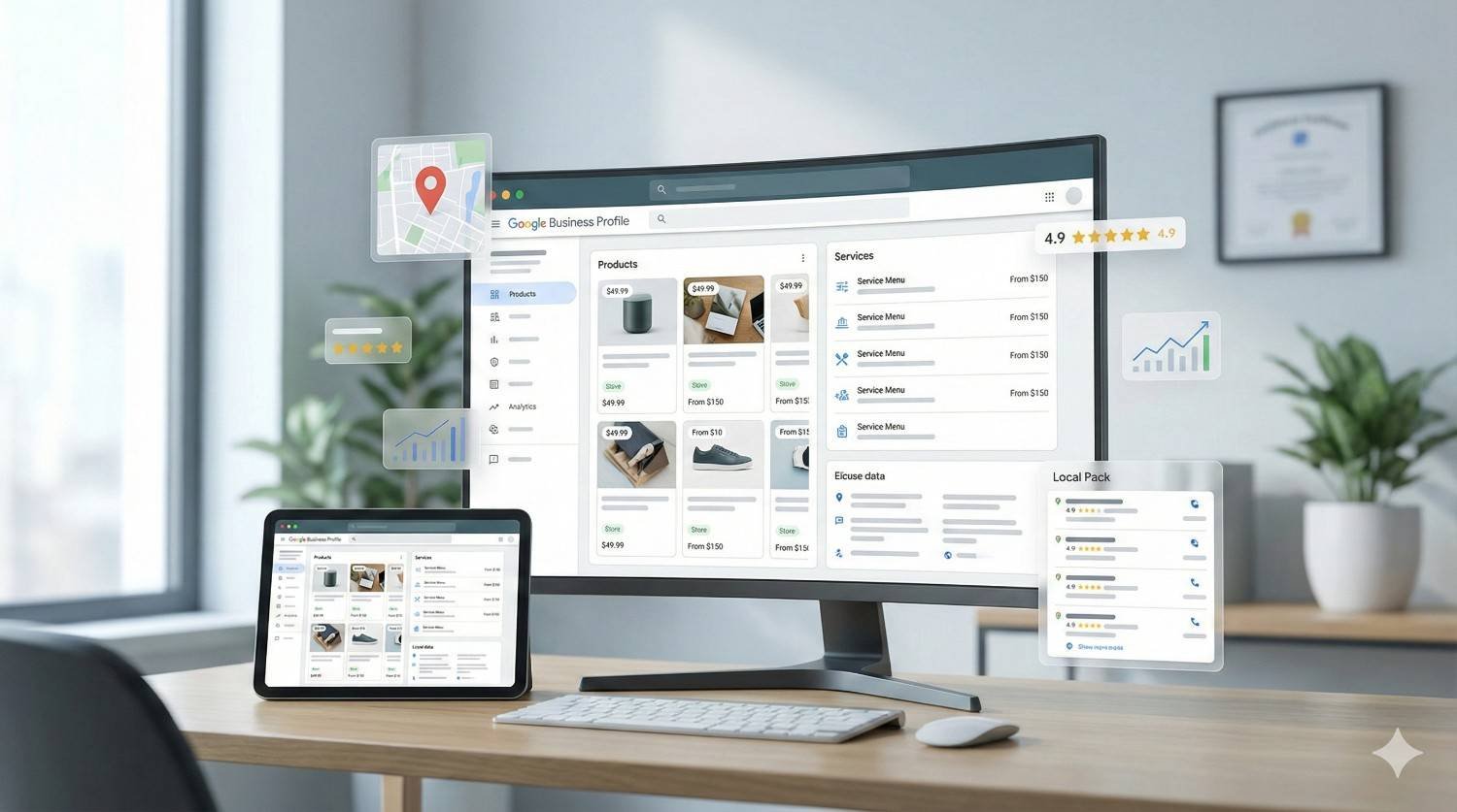 Desktop computer and tablet showing a Business Profile dashboard with products, services, prices, map pins, reviews, star ratings, special offers, and growth charts, representing local SEO management, listings optimization, and tracking customer engagement across devices.