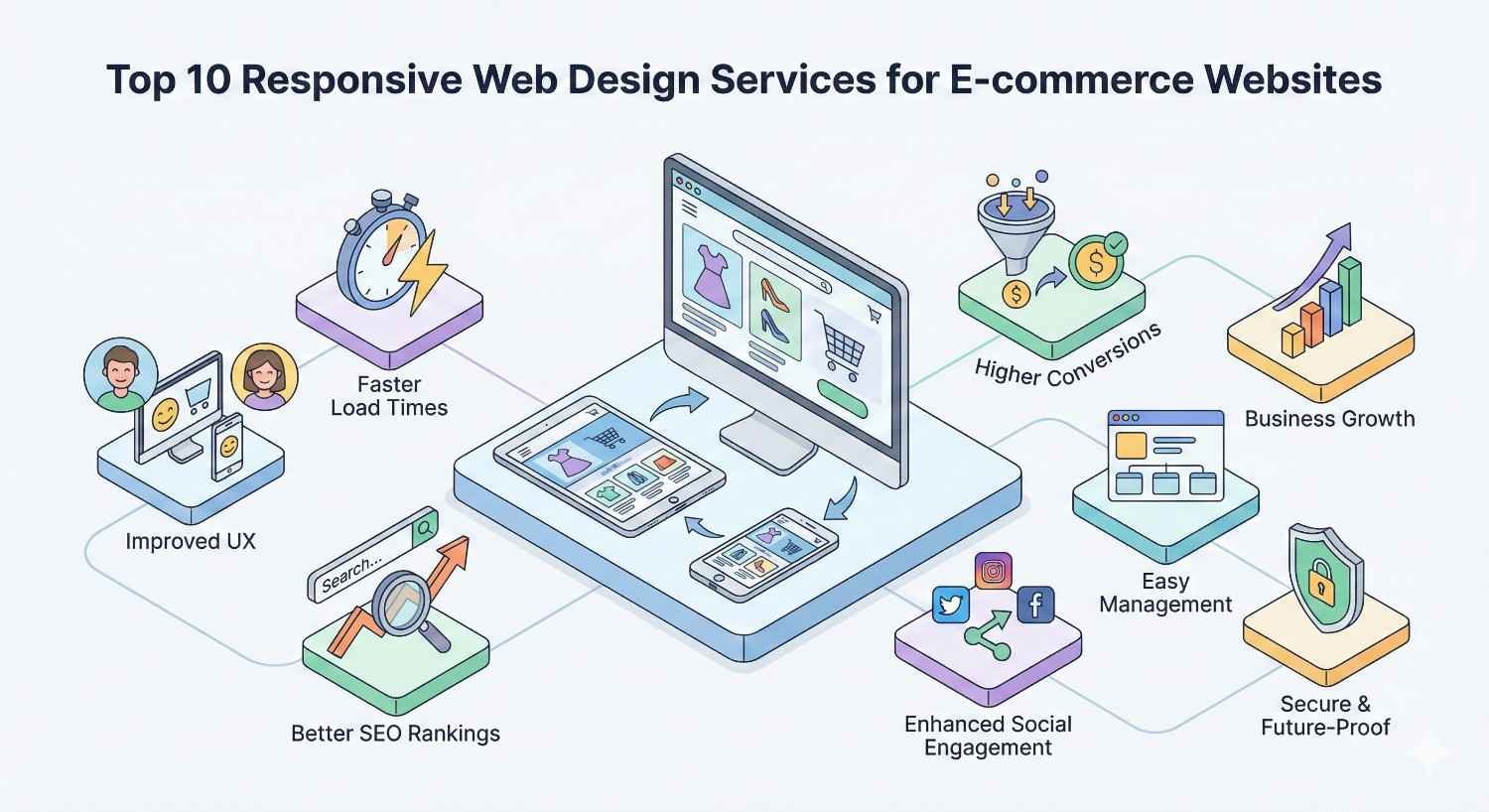 An infographic titled “Top 10 Responsive Web Design Services for E-commerce Websites” showing a central multi-device storefront with icons for faster load times, improved UX, better SEO rankings, higher conversions, business growth, easy management, enhanced social engagement, and secure, future-proof design.