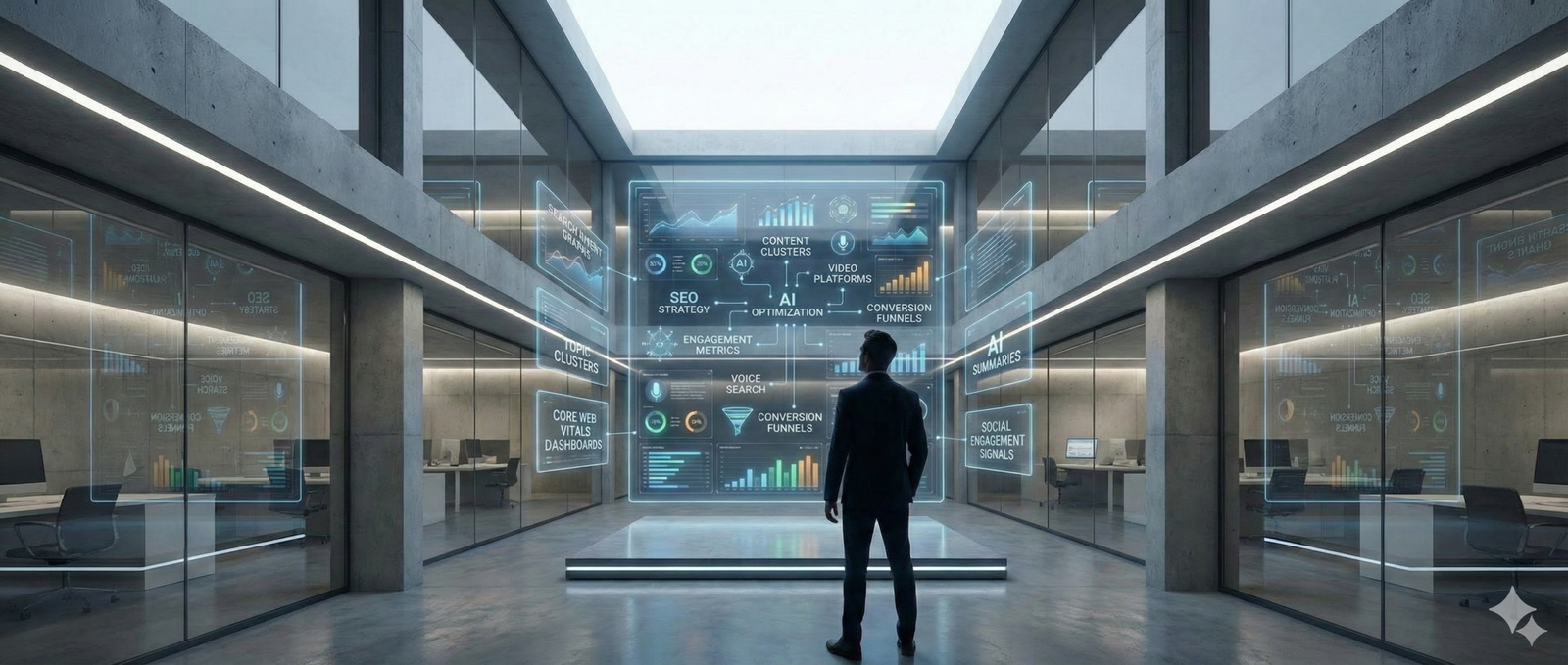 A professional stands in a futuristic office atrium facing a large transparent digital wall displaying SEO strategy dashboards, content clusters, AI optimization, and conversion funnels. The high-tech environment symbolizes advanced, data-driven digital marketing strategy and enterprise-level SEO planning.
