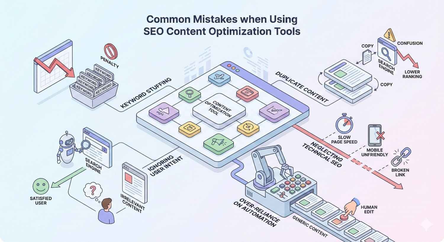 An infographic titled “Common Mistakes when Using SEO Content Optimization Tools” highlights keyword stuffing, duplicate content, ignoring user intent, technical SEO neglect, and over-automation, with icons showing penalties, lower rankings, slow pages, broken links, generic output, and the need for human editing.