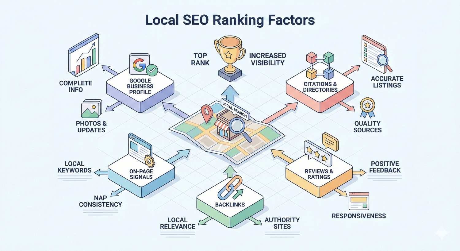 Isometric infographic titled “Local SEO Ranking Factors” showing a central map search icon leading to top rank and visibility, surrounded by Google Business Profile, citations, reviews, backlinks, on-page signals, keywords, NAP consistency, photos, accurate listings, and quality sources connected by arrows.