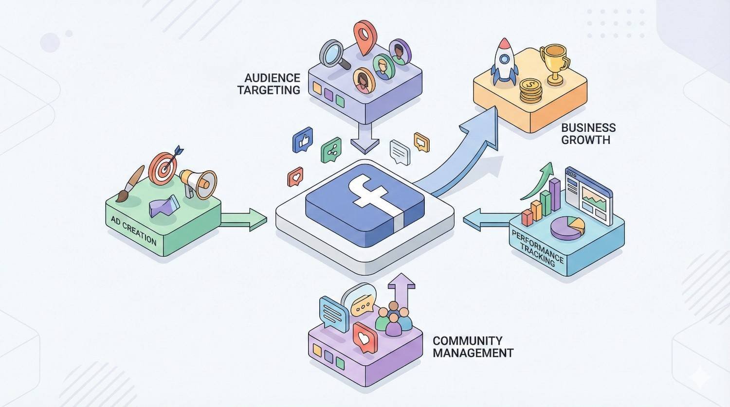 Isometric illustration of a Facebook-centered marketing workflow showing ad creation, audience targeting, community management, performance tracking, and business growth connected by arrows, icons, and charts around a central Facebook logo, representing a complete social media advertising and growth strategy.