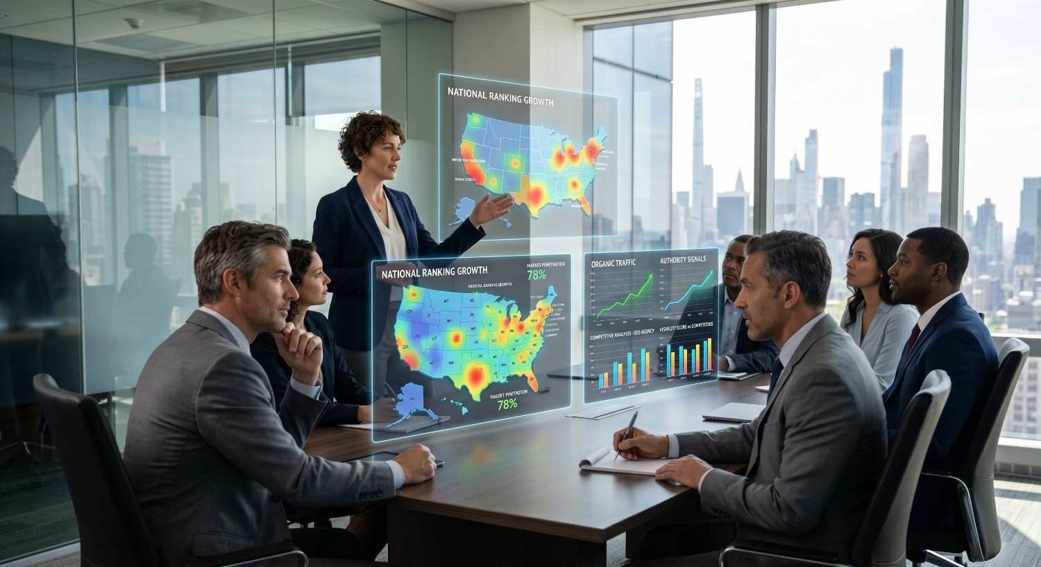 SEO strategy team reviewing national ranking growth, organic traffic trends, and authority metrics during a business planning meeting. Interactive analytics dashboards display geographic search performance, keyword visibility, and SEO campaign results, supporting enterprise SEO, market expansion, and long-term organic search growth.