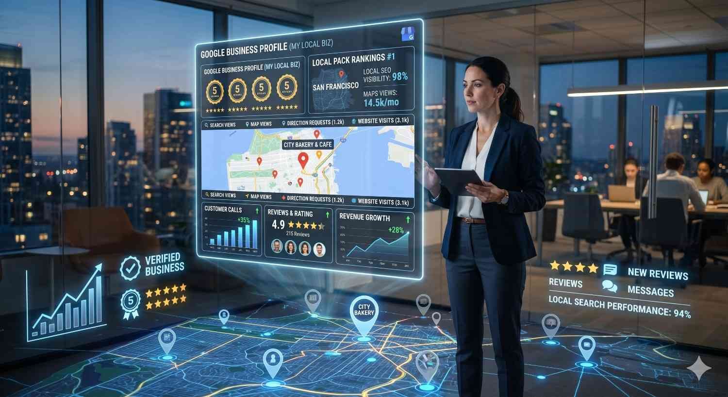 Digital marketing specialist analyzing Google Business Profile performance dashboard with local SEO rankings, customer reviews, map visibility, and business growth metrics. Visualization highlights local search optimization, reputation management, Google Maps traffic, and lead generation strategies for improved local business visibility and revenue growth.