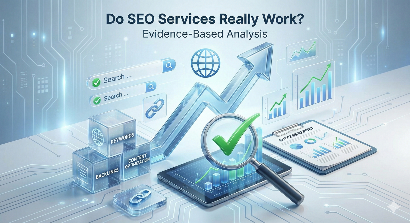Laptop displaying an SEO performance dashboard with rising organic traffic graph and ranking metrics, beside transparent glass layers, a magnifying glass, checkmarks, and a blue upward arrow, symbolizing search optimization and growth.