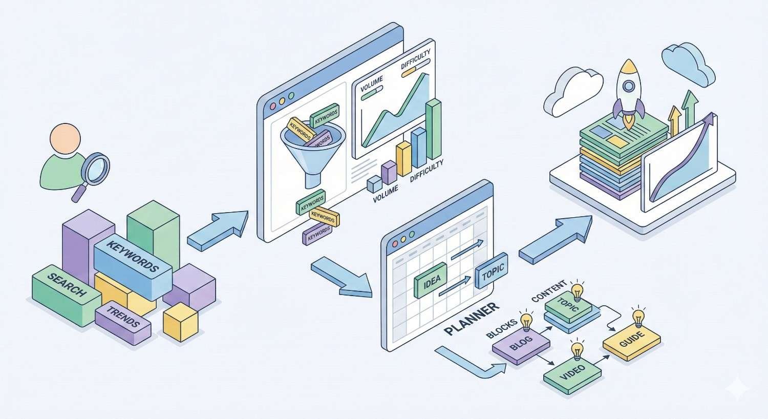 Illustration showing SEO workflow from keyword research and trends through filtering by volume and difficulty, content planning tools, and publishing blog, video, and guide formats leading to ranking growth and a rocket launch graphic.