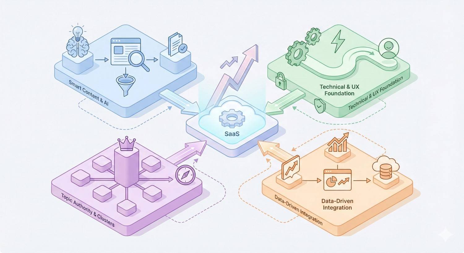 Illustration of a SaaS SEO framework showing smart content and AI, technical and UX foundations, topic authority clusters, and data-driven integration feeding into a central SaaS hub with upward growth arrows.