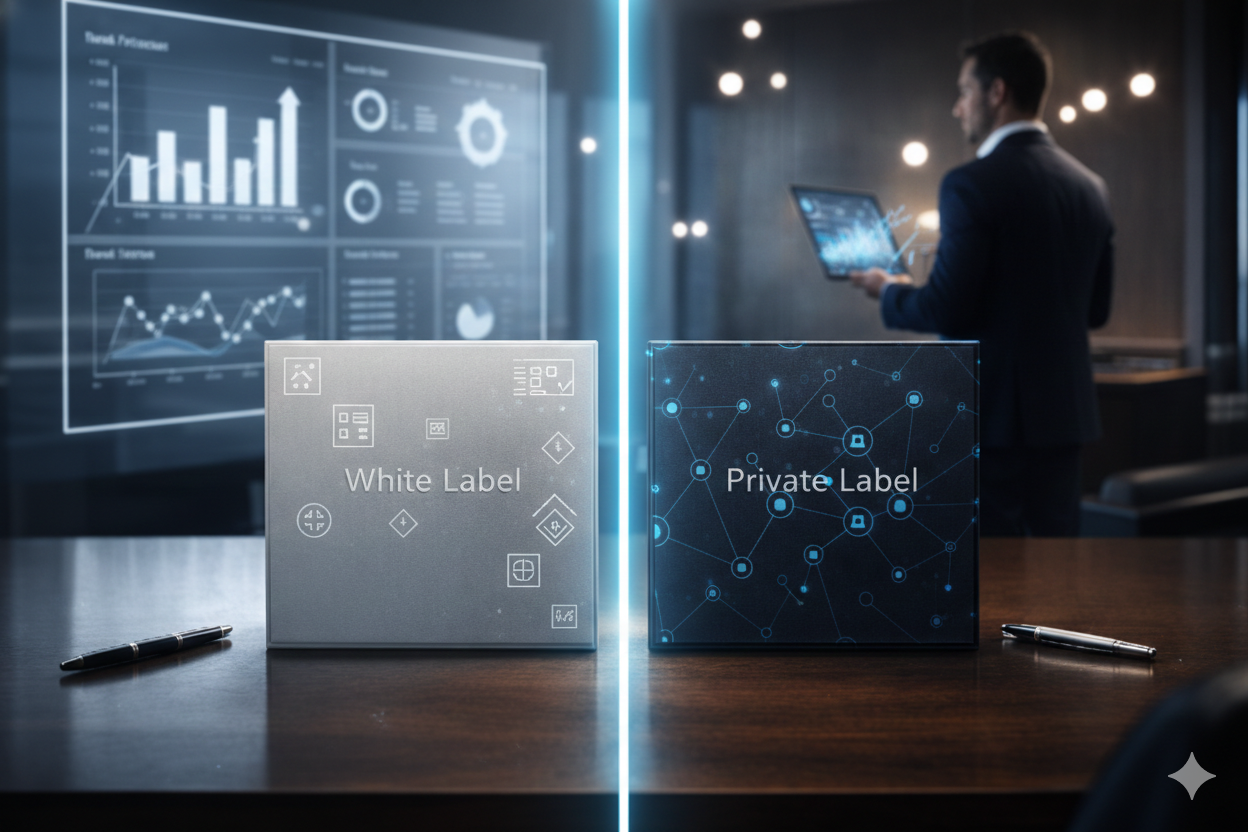Split-screen comparison of white label and private label SEO solutions on a desk, with analytics dashboards and performance charts in the background, illustrating different SEO delivery models, data-driven decision-making, and scalable search engine optimization strategies.