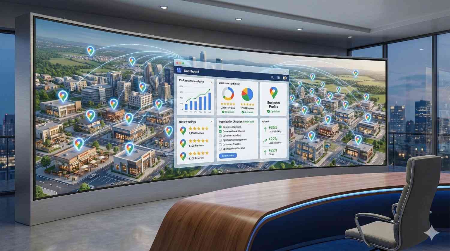Wide office display showing a city map filled with location pins and a central analytics dashboard tracking reviews, rankings, and growth metrics, illustrating local SEO performance monitoring across multiple businesses in an urban area.