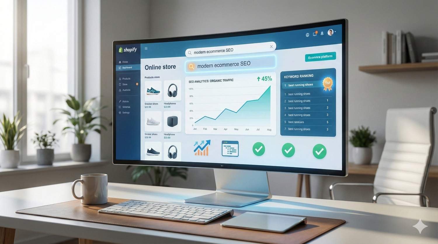 Desktop monitor in a bright office showing a Shopify-style ecommerce dashboard with organic traffic growth, keyword rankings, product listings, SEO indicators, and upward graphs, on a tidy desk with coffee cup, keyboard, tablet, and plants nearby.