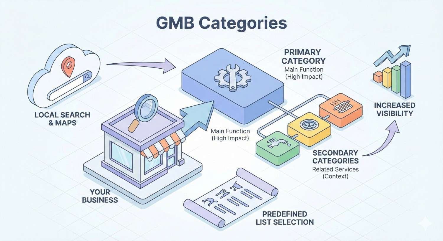 Isometric infographic titled “GMB Categories” showing a business listing connected to local search and maps, primary category with high impact, secondary related categories, and predefined list selection, all leading to increased visibility and growth charts for improved local search performance.