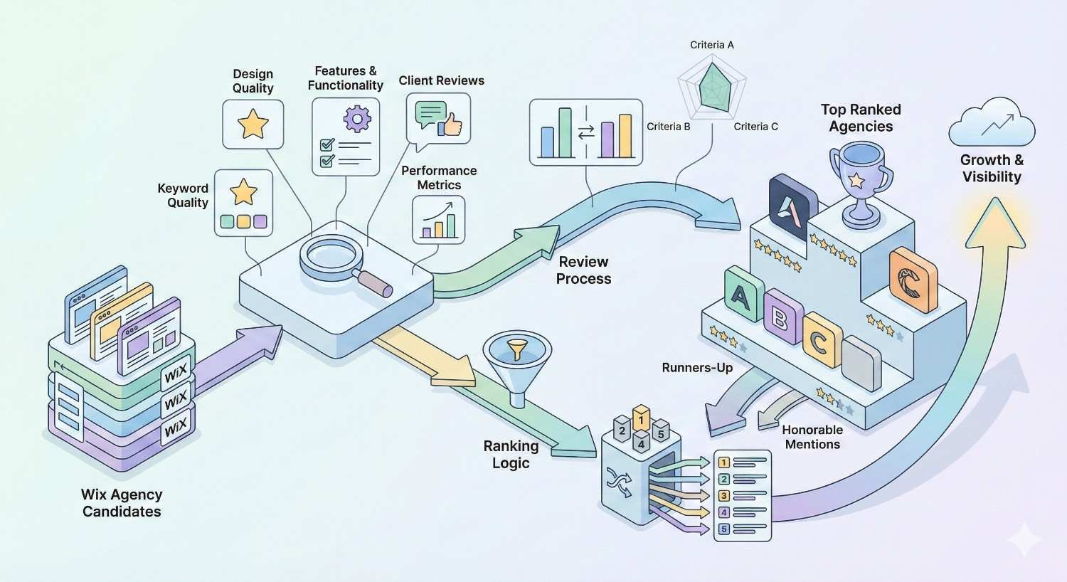 An isometric flowchart shows Wix agency candidates evaluated by design quality, features, reviews, keywords, and performance, passing through review and ranking logic to produce top-ranked agencies, runners-up, and honorable mentions, with trophies and arrows indicating growth and visibility.