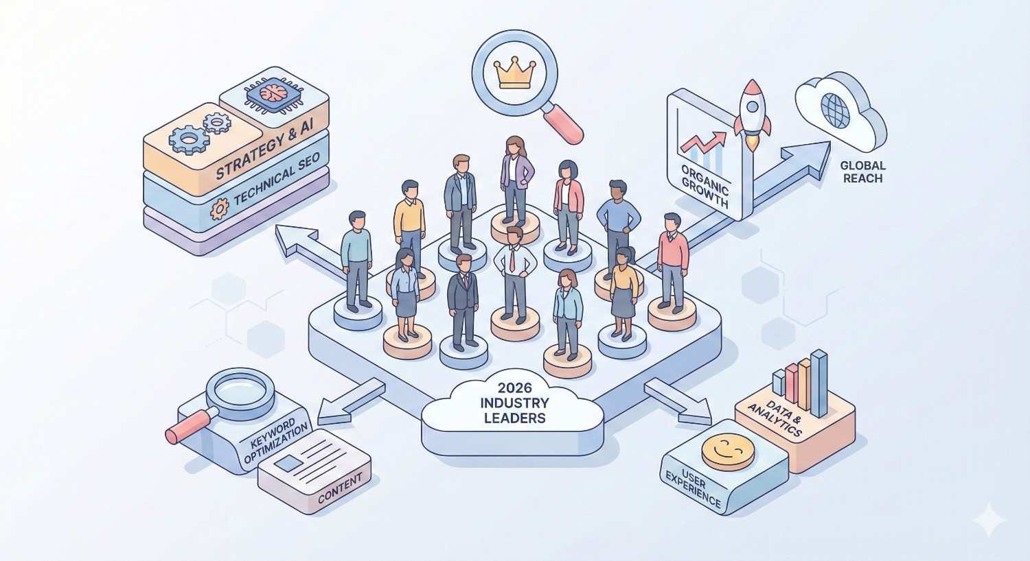 Isometric illustration showing “2026 industry leaders” standing on a platform connected to strategy and AI, technical SEO, keyword optimization, content, user experience, data analytics, organic growth, and global reach, with icons like magnifying glasses, rockets, charts, and crowns symbolizing top SEO professionals.