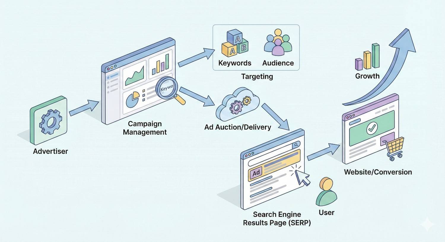Diagram of PPC flow showing advertiser campaign management, keyword and audience targeting, ad auction and delivery, ads appearing on search results pages, users clicking through to websites and conversions, and a rising arrow indicating overall growth.