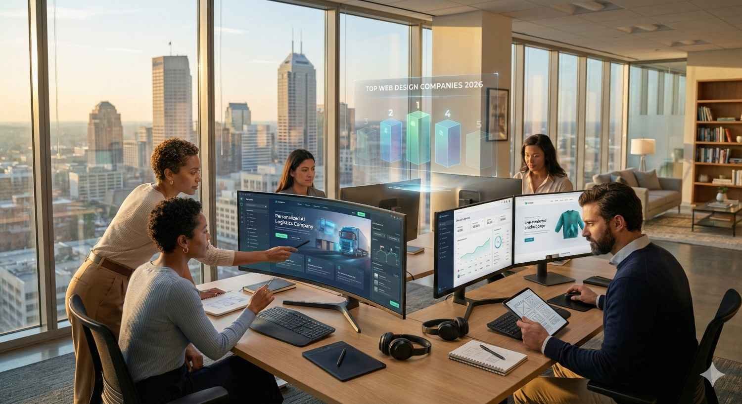 A diverse team collaborates in a modern high-rise office with floor-to-ceiling windows overlooking a city skyline, reviewing analytics dashboards and web design mockups on large curved monitors, while a floating holographic chart titled “Top Web Design Companies 2026” appears above the desks.
