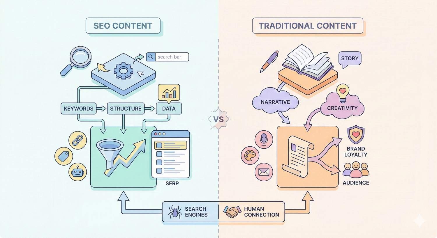 Split infographic comparing SEO content and traditional content. Left shows keywords, structure, data, SERP, and search engines driving growth with charts and funnels. Right shows storytelling, creativity, narrative, brand loyalty, and audience connection with books, hearts, and communication icons.