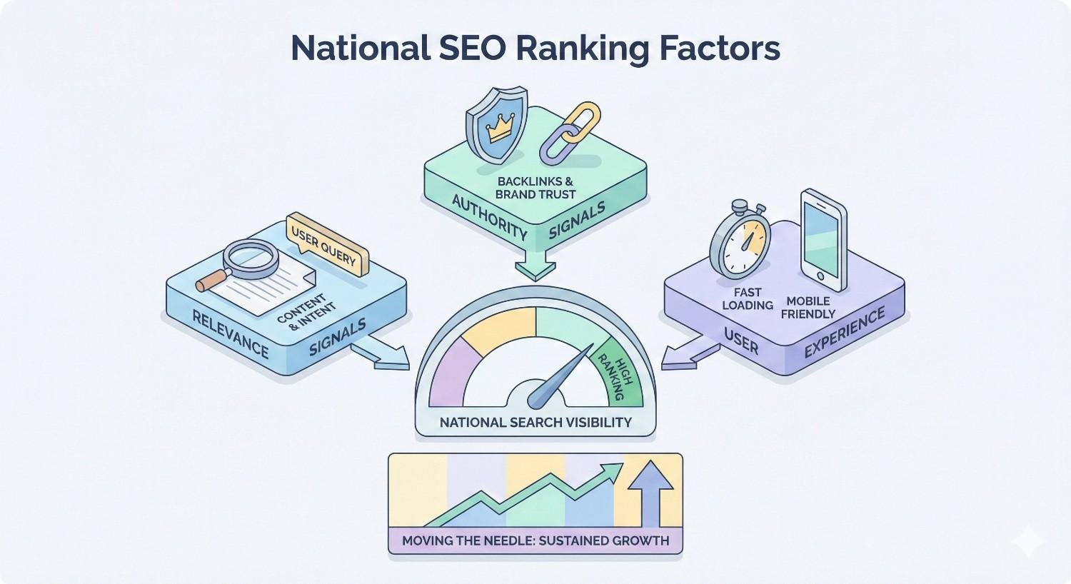 Illustration titled “National SEO Ranking Factors” showing relevance, authority, and user experience feeding into a visibility gauge, with icons for content, backlinks, speed, mobile friendliness, and a growth chart indicating sustained national search performance.
