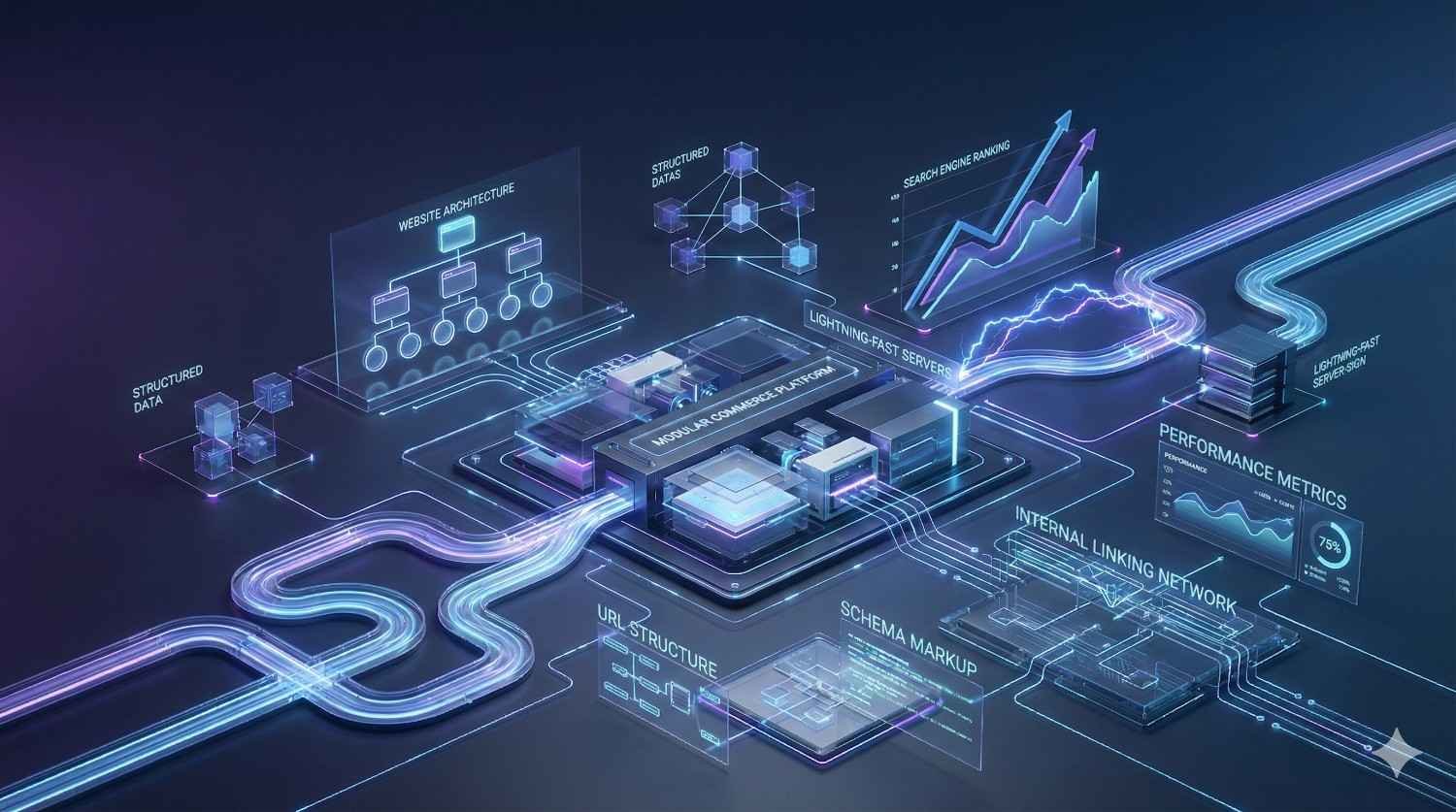 Futuristic technical SEO illustration showing a glowing modular ecommerce platform with flowing data lines, labeled elements like URL structure, schema markup, internal linking, website architecture, performance metrics, structured data, server speed, and rising search ranking graphs.