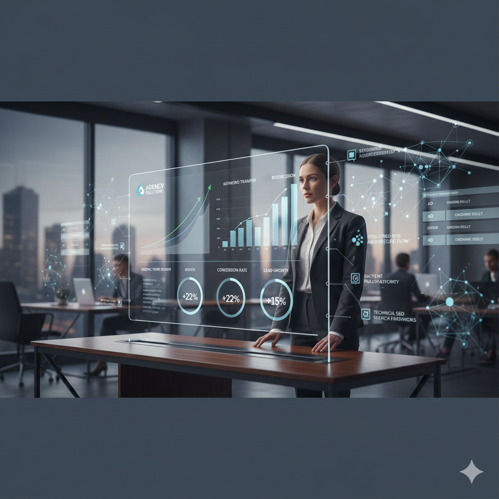 Business professional reviewing a transparent SEO analytics dashboard in a modern office, displaying keyword rankings, lead growth, conversion rates, and performance metrics, symbolizing professional SEO services, data-driven strategy, and measurable organic growth for businesses.