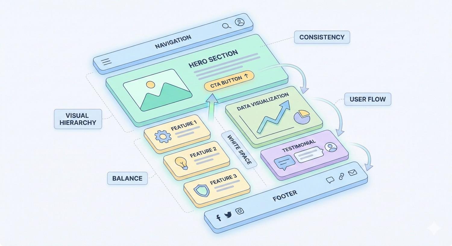 Diagram of a website layout with navigation, hero section and CTA button, feature cards, data visualization, testimonial, and footer, annotated with design principles like visual hierarchy, balance, consistency, white space, and user flow in a soft pastel style.