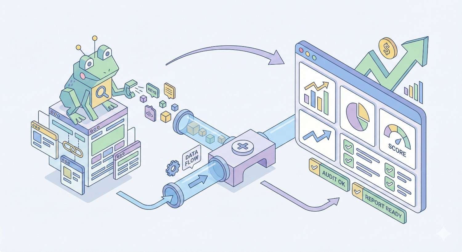 A cartoon robot frog sits on stacked servers sending SEO data through a pipeline into a dashboard showing charts, scores, and checkmarks, with arrows indicating data flow, growth, revenue icons, and labels like audit complete and report ready.