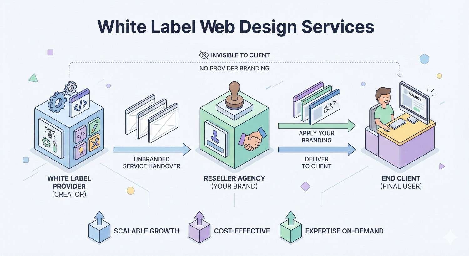 An infographic titled “White Label Web Design Services” showing a provider creating unbranded work, a reseller agency applying its branding, and delivery to the end client, with notes about invisibility to clients and benefits like scalable growth, cost-effective solutions, and on-demand expertise.