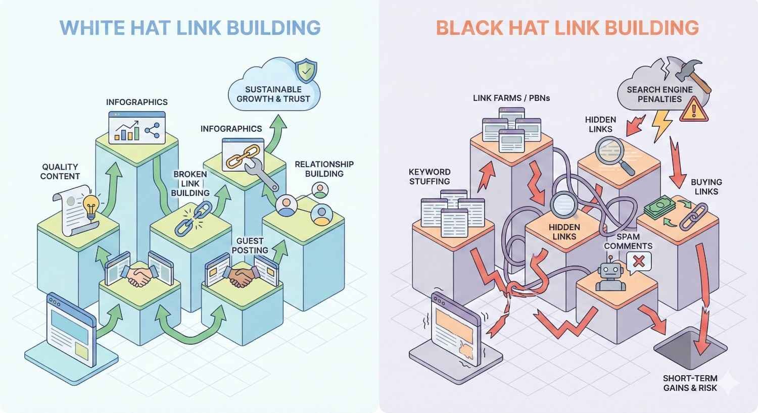 Side-by-side illustration comparing white hat and black hat link building, showing ethical tactics like guest posts and infographics leading to sustainable growth, versus spam, link farms, hidden links, and penalties causing risky short-term results.