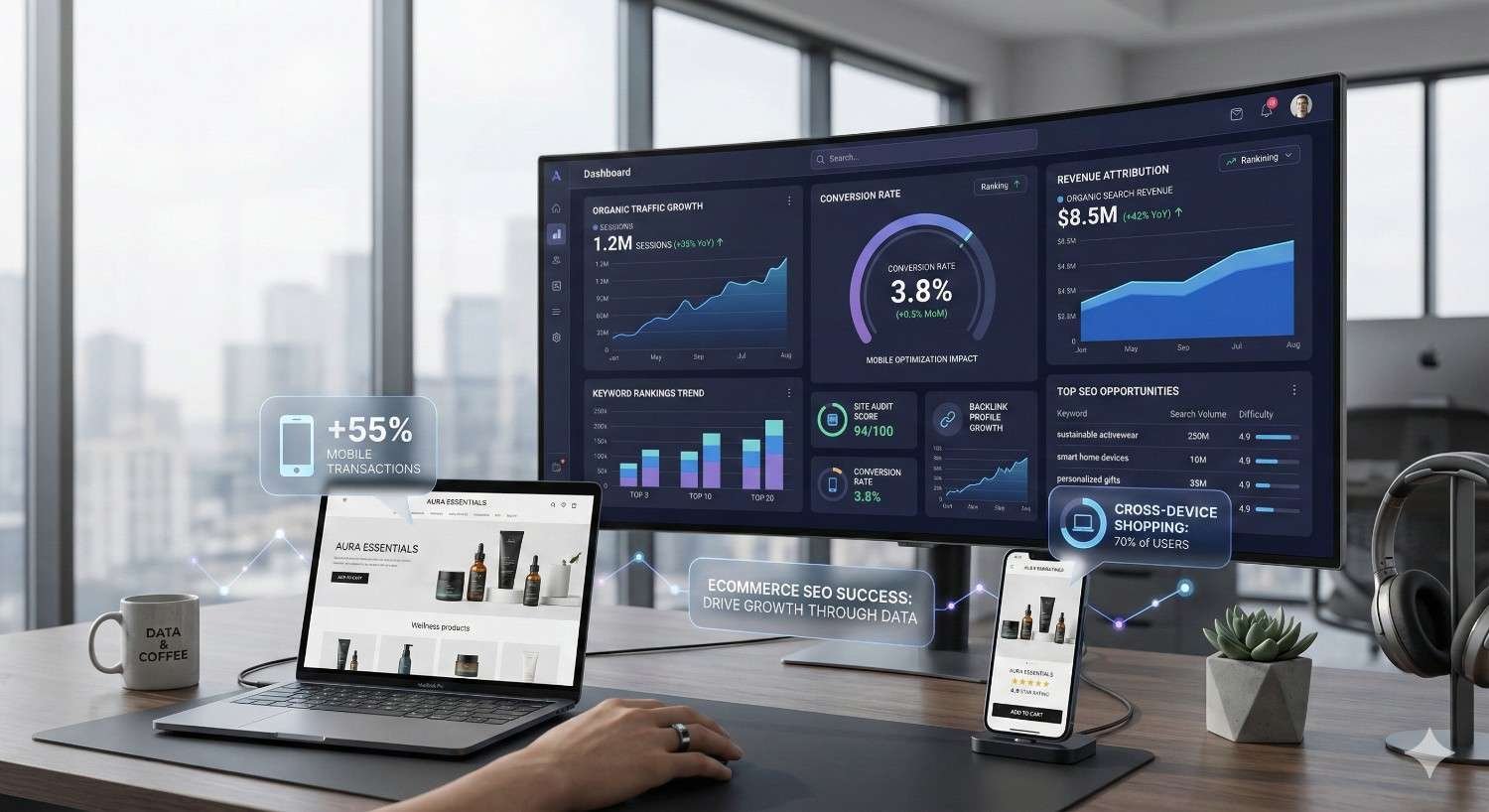 Modern desk with laptop, phone, and widescreen monitor displaying ecommerce SEO dashboards, traffic growth, conversion rates, revenue attribution, keyword trends, and mobile transaction gains, alongside coffee mug, headphones, and plant in a bright office.