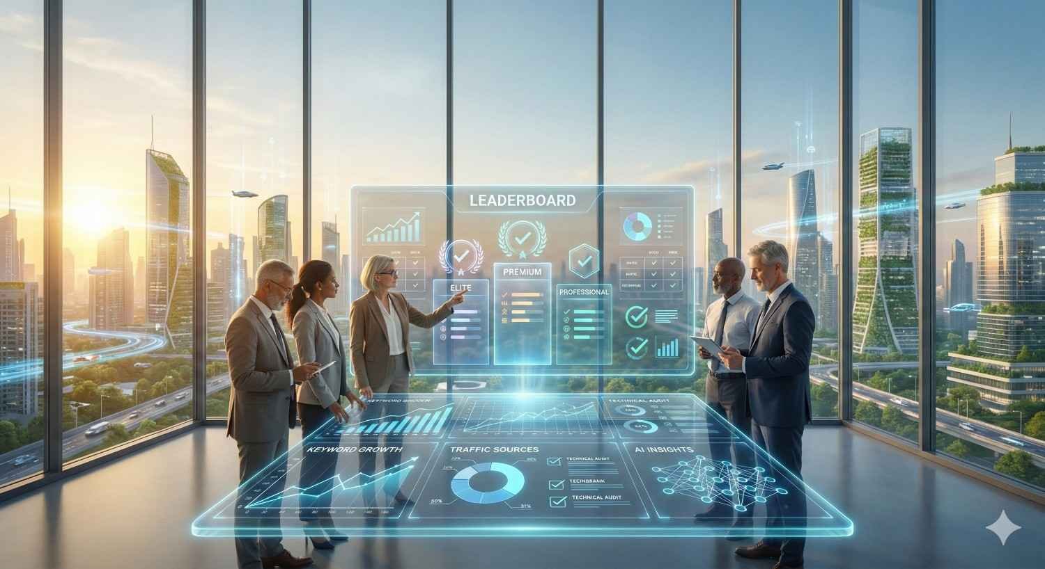 A group of executives stands around a glowing holographic table displaying SEO dashboards and a leaderboard labeled elite, premium, and professional, with traffic charts and AI insights, while a futuristic city skyline shines through tall glass windows at sunrise.