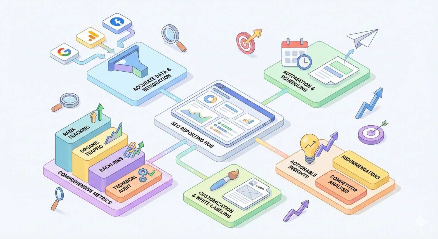 An infographic shows an SEO reporting hub connected to data integration, automation scheduling, rank tracking, backlinks, technical audits, customizable white-label reports, competitor analysis, recommendations, and actionable insights, with arrows, icons, and charts illustrating workflow and performance growth.
