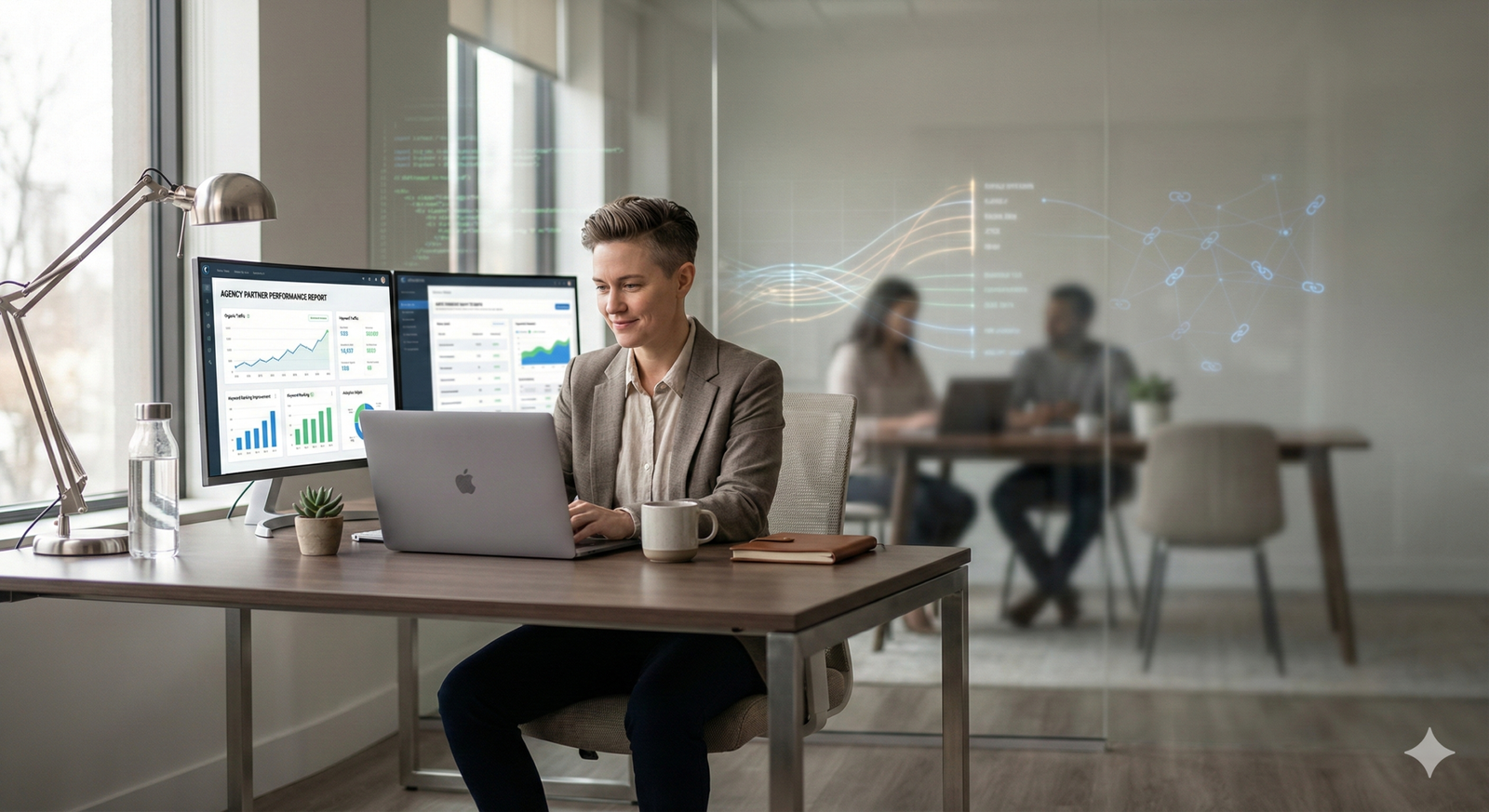 SEO specialist working on a laptop at a modern office desk, with dual monitors displaying traffic growth and performance metrics, while team members collaborate in the background, representing data-driven SEO analysis, reporting, and professional digital marketing workflows.