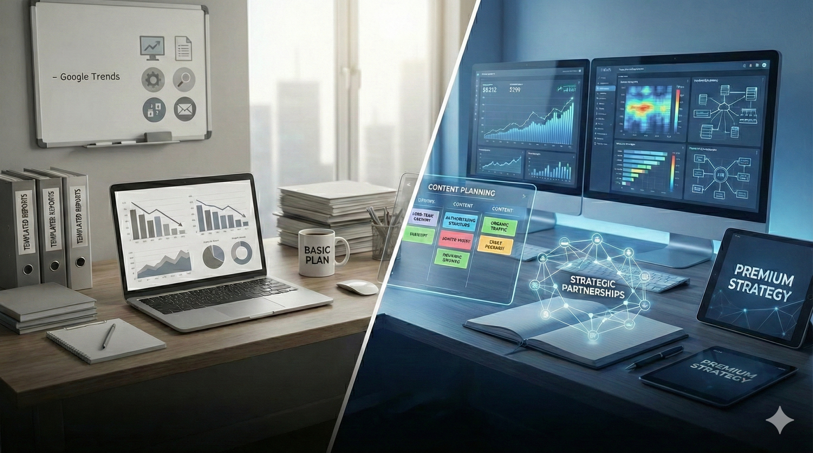 Split-screen workspace showing two digital marketing setups: left side a basic desk with laptop analytics, Google Trends board, binders, and “Basic Plan” mug; right side a premium, futuristic station with multiple dashboards, heat maps, content planning, network diagrams, and “Premium Strategy” displays glowing in blue.