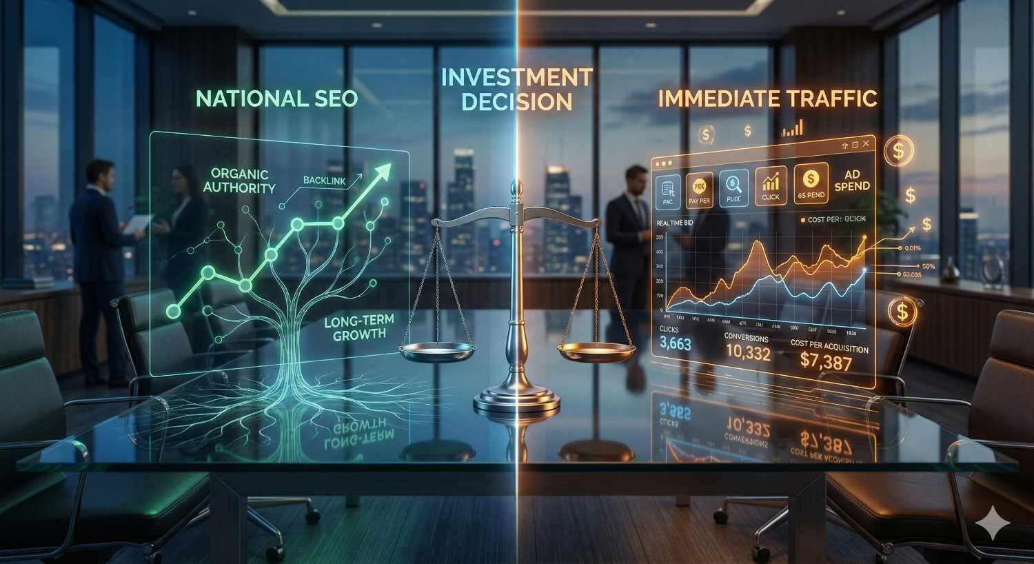A split-screen boardroom illustration showing a scale labeled “Investment Decision,” with National SEO on the left represented by a glowing growth tree and backlink network, and Immediate Traffic on the right with ad spend dashboards, rising charts, and revenue figures, comparing long-term organic growth versus paid advertising results.