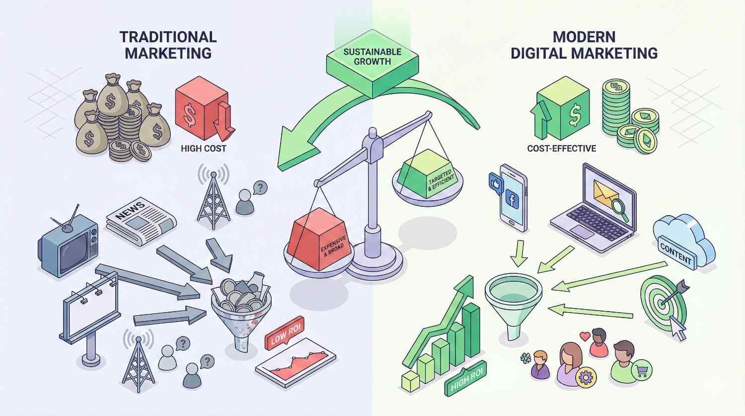 Split infographic comparing traditional marketing and modern digital marketing. Traditional shows high cost, mass media, low ROI, and wasted spend, while digital highlights cost-effective tools, content, targeting funnels, high ROI growth, and sustainable results balanced on a central scale.
