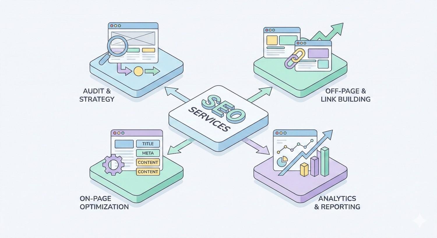 Diagram showing “SEO Services” in the center connected to four areas: Audit and Strategy, On-Page Optimization, Off-Page and Link Building, and Analytics and Reporting, each illustrated with small website windows, charts, gears, magnifying glass, links, and upward growth arrows.