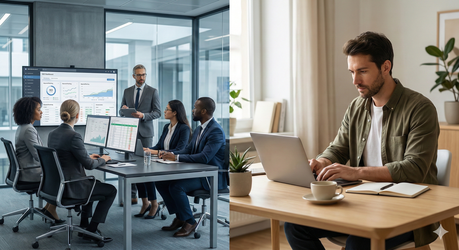 Split-screen image showing a corporate team reviewing SEO dashboards in a glass-walled conference room on the left, and a man working alone at home on a laptop with notebook and coffee on the right, comparing office collaboration versus remote work.