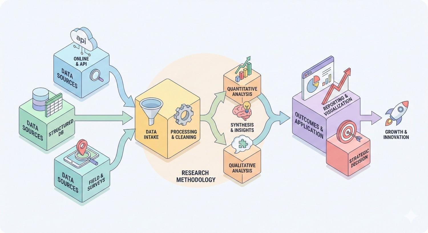 Isometric workflow diagram showing research methodology: data sources from APIs, databases, and surveys flow into data intake and cleaning, then quantitative and qualitative analysis, synthesis and insights, reporting and visualization, strategic decisions, and arrows leading to growth and innovation, illustrated with charts, gears, targets, and rockets.