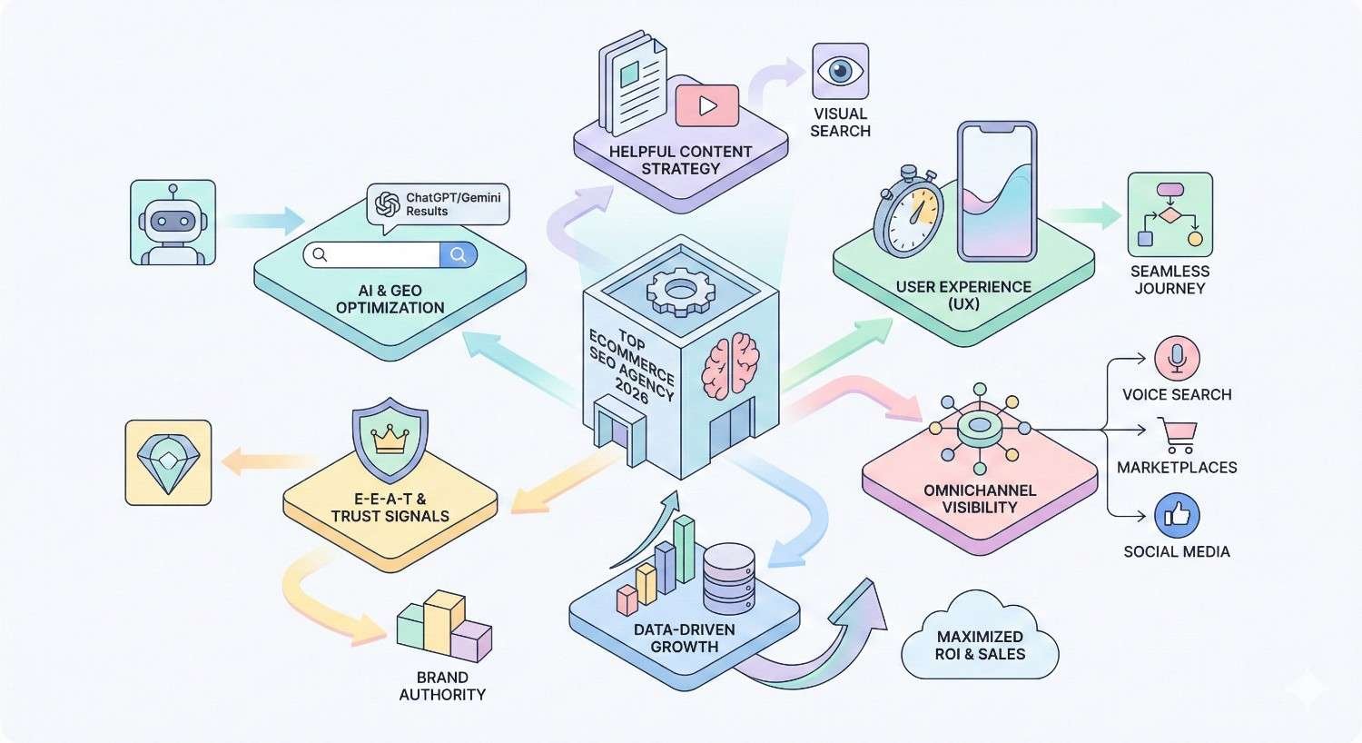 Isometric infographic of a top ecommerce SEO agency in 2026 connected to AI and GEO optimization, content strategy, UX, omnichannel visibility, E-E-A-T trust signals, data-driven growth, and brand authority, leading to maximized ROI, sales, and seamless customer journeys.