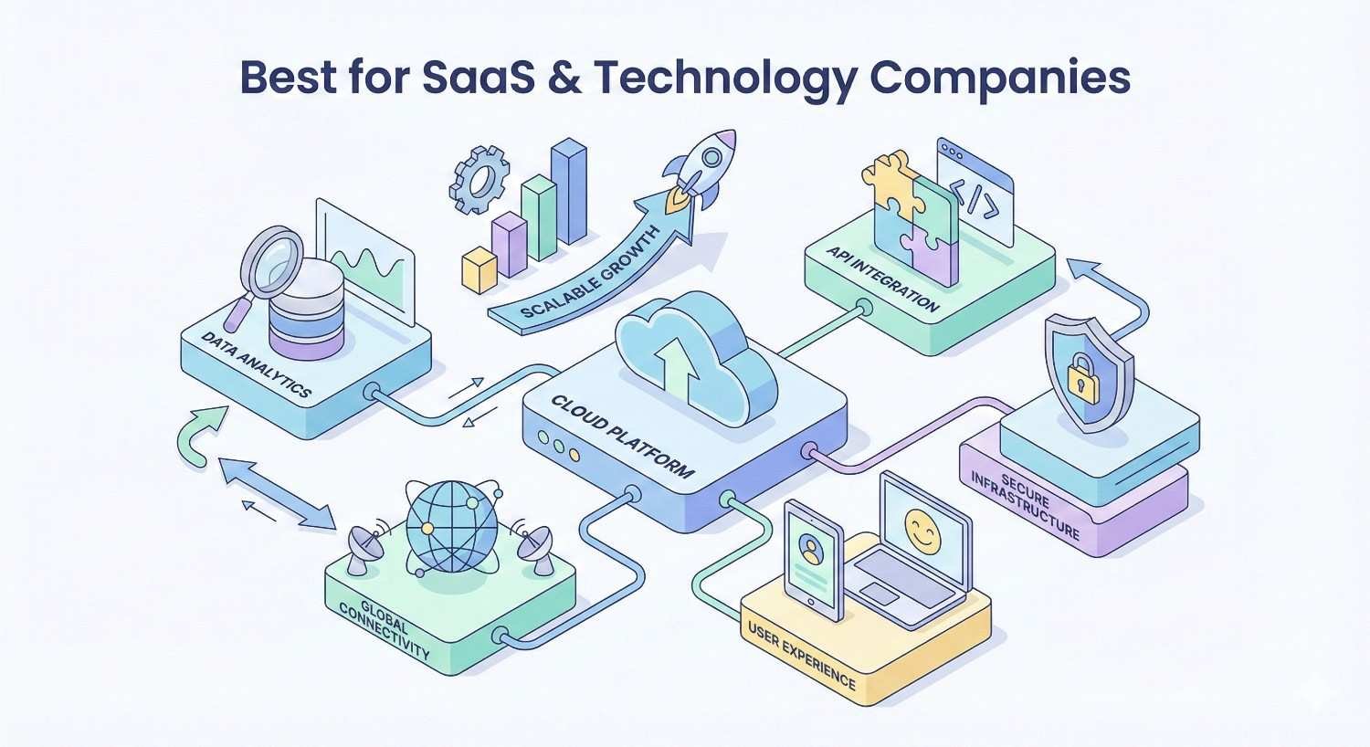 Isometric infographic titled “Best for SaaS & Technology Companies” showing a cloud platform connected to data analytics, scalable growth, API integration, secure infrastructure, global connectivity, and user experience, illustrated with charts, rockets, locks, servers, screens, and arrows representing interconnected digital systems and expansion.