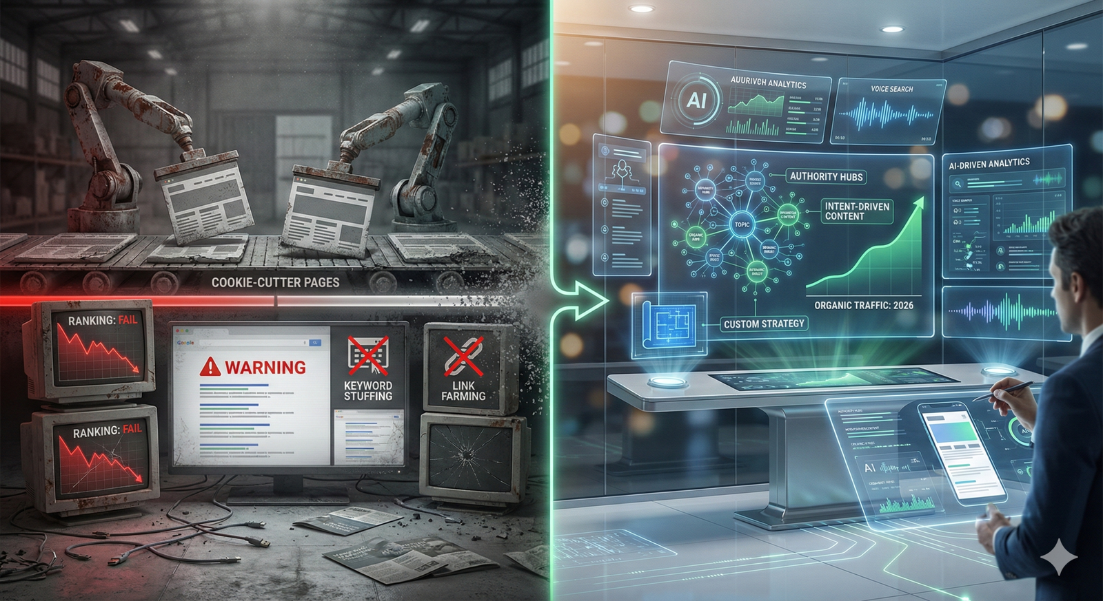 A split-screen SEO comparison shows outdated, automated content factories with ranking failures on the left, contrasted with a modern AI-driven SEO workspace on the right. The image highlights the shift from cookie-cutter tactics to data-driven, strategic SEO focused on authority, intent, and organic growth.