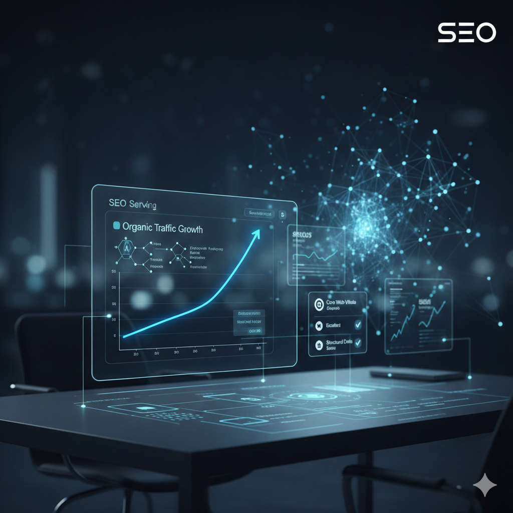 Futuristic SEO analytics dashboard showing organic traffic growth charts, upward performance graphs, and AI-driven data visualizations on a modern digital workspace, representing professional SEO services, search engine optimization strategy, and long-term organic growth in 2026.