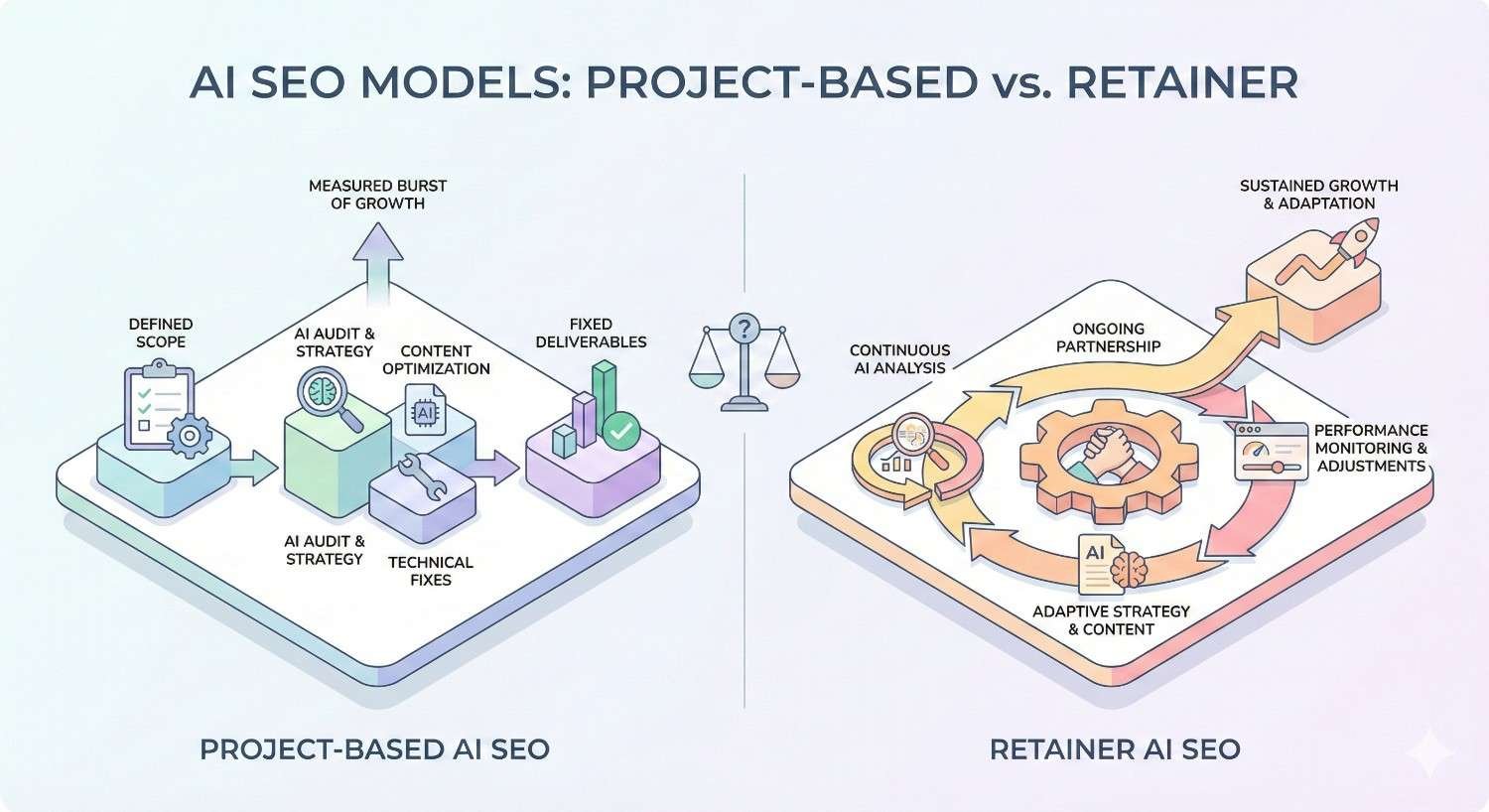 Split infographic comparing project-based AI SEO with defined scope, audits, fixes, content optimization, and fixed deliverables versus retainer AI SEO featuring continuous analysis, adaptive strategy, ongoing partnership, performance monitoring, and sustained growth shown with loops, arrows, and icons.