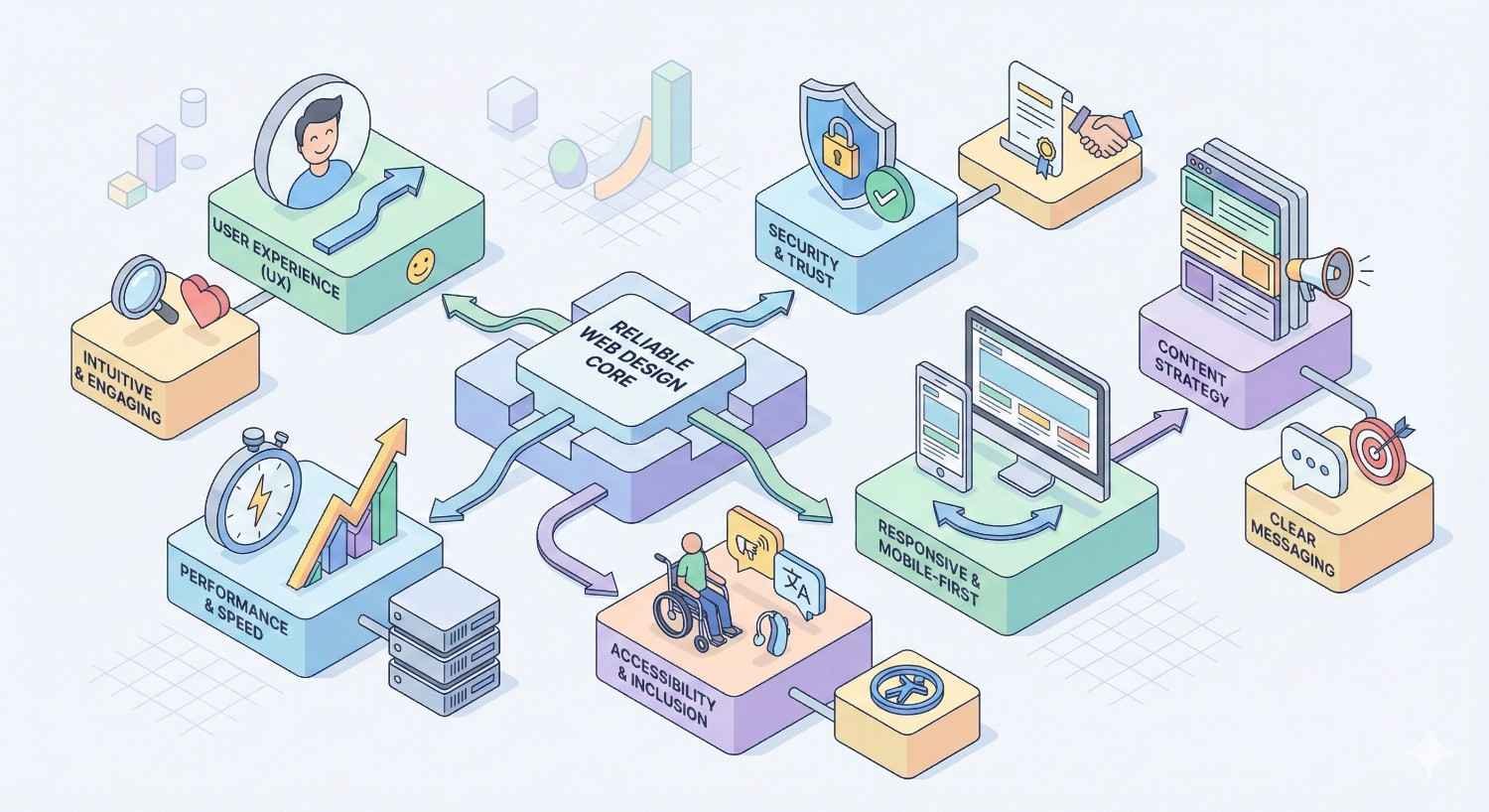 Isometric infographic centered on “Reliable Web Design Core,” with arrows linking elements like user experience, security and trust, content strategy, responsive mobile-first layouts, clear messaging, accessibility and inclusion, performance and speed, and intuitive engagement, illustrated with icons for charts, shields, screens, certificates, and diverse users.