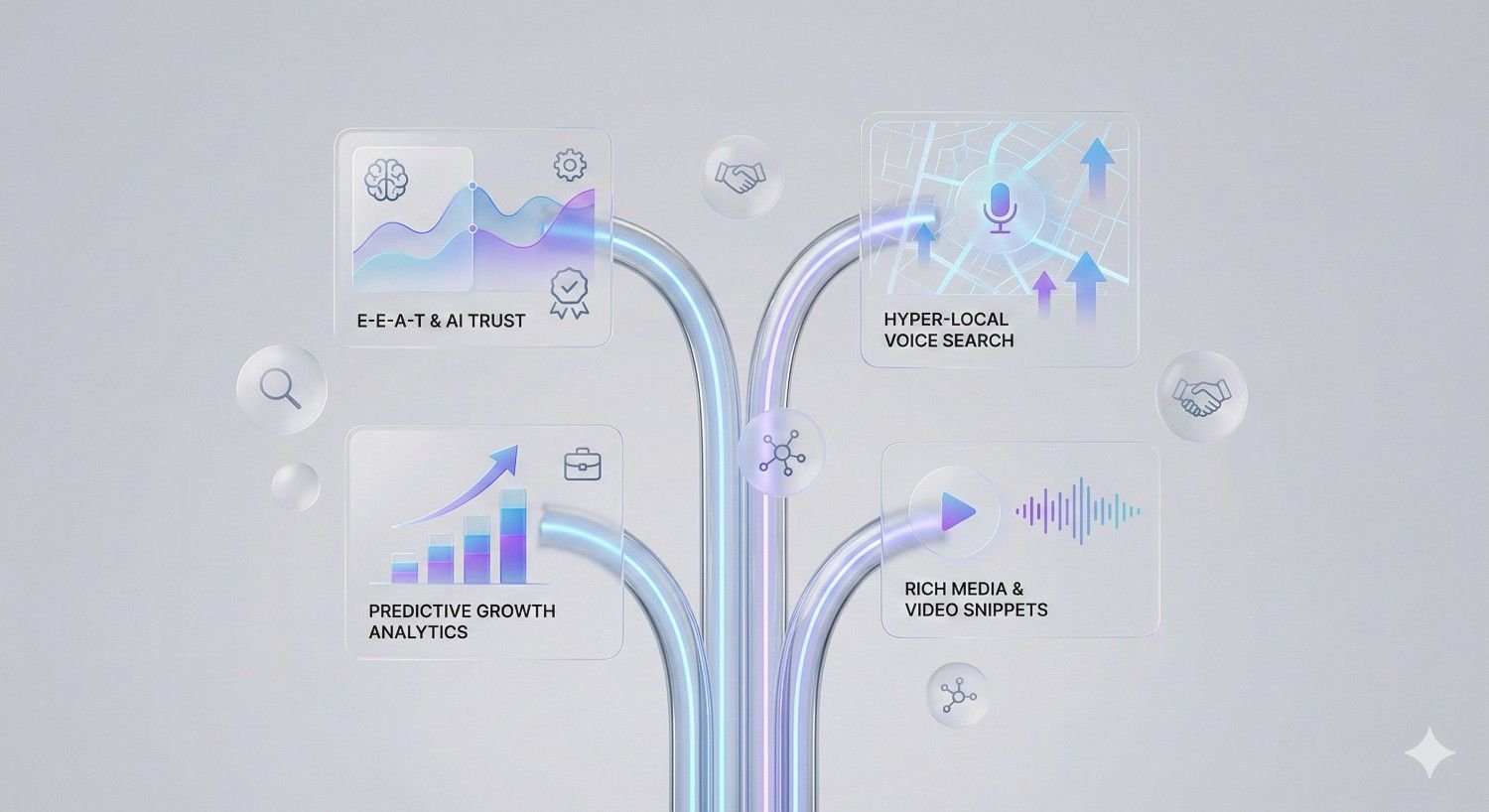 Illustration of futuristic SEO trends showing branching digital paths labeled E-E-A-T and AI trust, predictive growth analytics, hyper-local voice search, and rich media video snippets, with glowing data streams, icons, charts, microphone symbols, and upward arrows indicating advanced search optimization strategies.