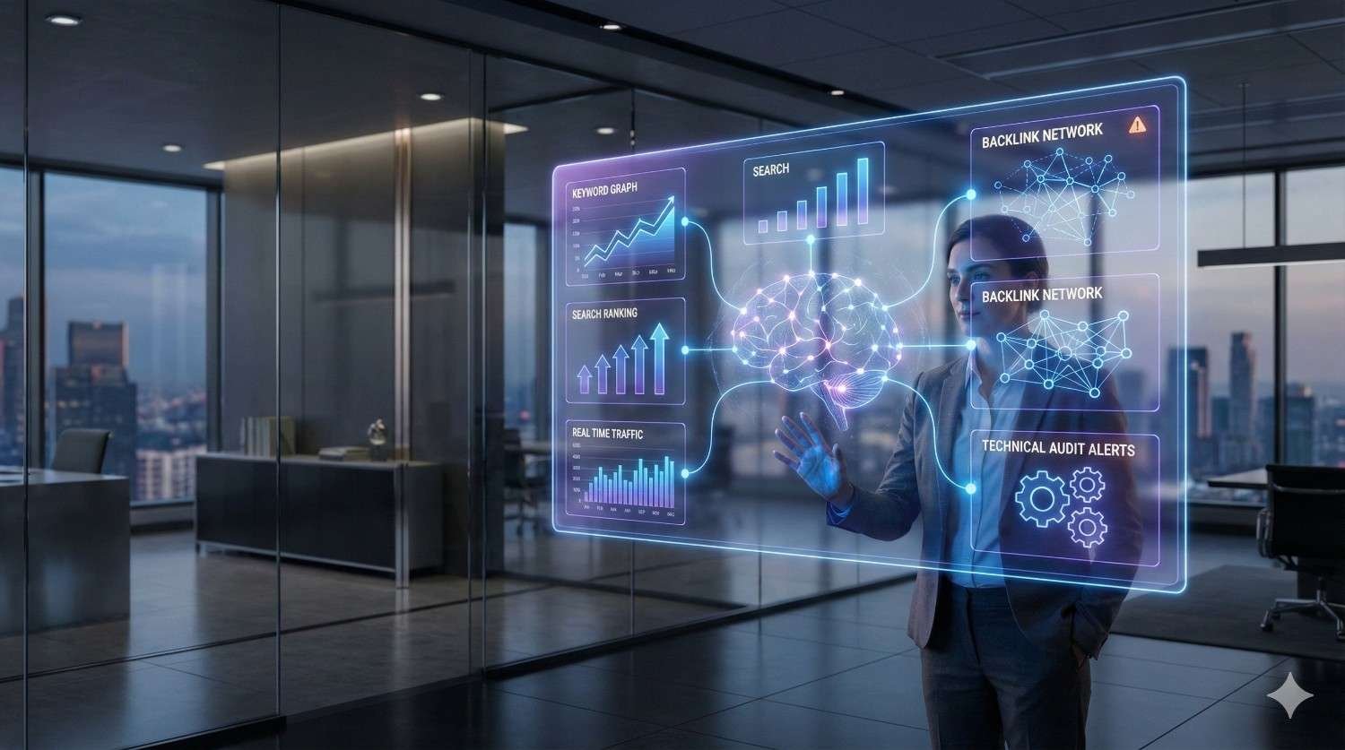 A business professional stands in a modern glass office, interacting with a glowing holographic SEO dashboard showing charts, backlink networks, traffic graphs, ranking metrics, and technical audit alerts, with a digital brain graphic at the center symbolizing AI-driven search analytics.