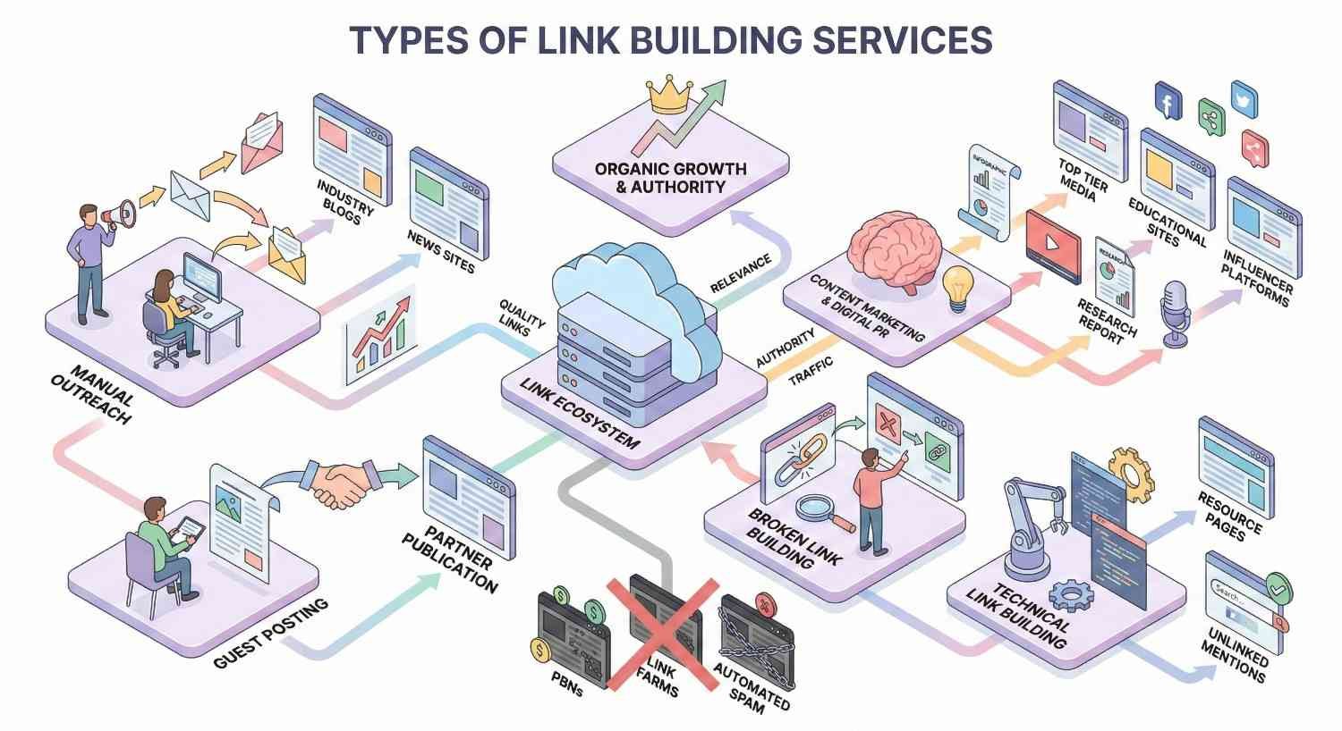 Illustration titled “Types of Link Building Services” showing manual outreach, guest posting, partner publications, broken and technical links, digital PR, influencers, and educational sites feeding a central link ecosystem for organic growth, while spam and link farms are crossed out.