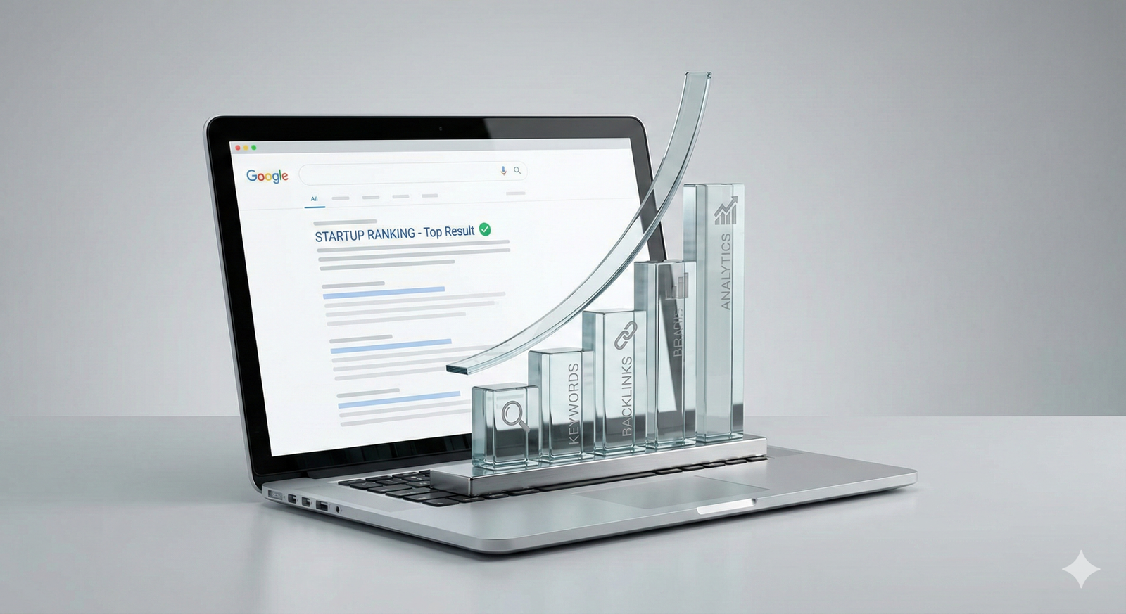 Laptop displaying a Google search result with “Startup Ranking – Top Result,” while transparent glass bars labeled keywords, backlinks, and analytics rise upward with a curved growth arrow, symbolizing SEO performance and organic traffic improvement.