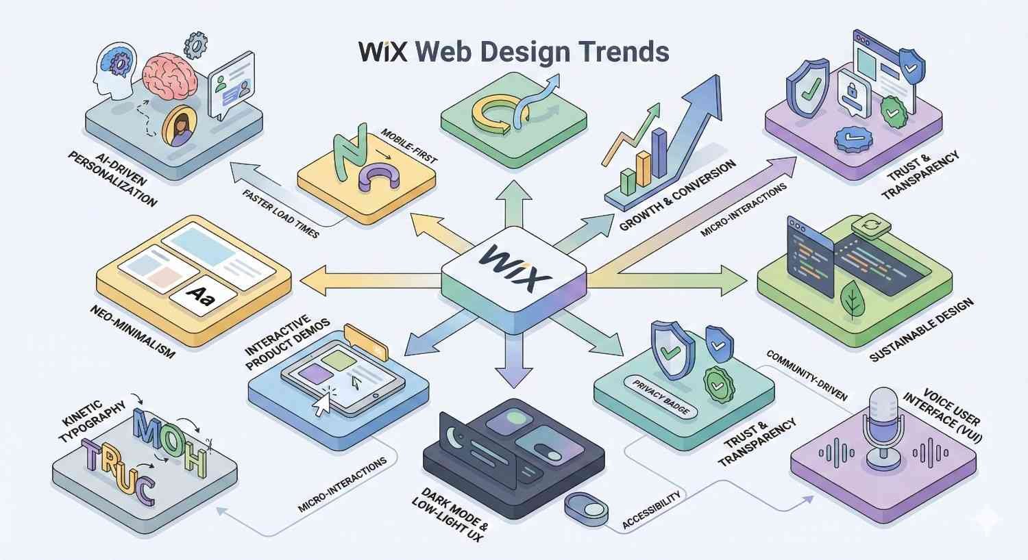 An isometric infographic titled “WIX Web Design Trends” centers on the Wix logo, with arrows to AI personalization, mobile-first design, speed, minimalism, micro-interactions, dark mode, accessibility, sustainability, trust, voice UI, community features, and growth, shown through colorful icons and charts.